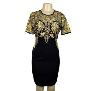 Joryaxuan Black & Gold Embroidered Sheath Dress Short Sleeve Mesh Detail Sz M